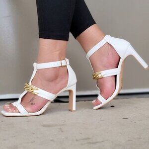 White Chunky Heel Sandals Gold Chain Open Square Toe Adjustable Buckle